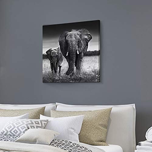 Уметничка патека Слики на слонови Уметнички wallидни декор: Фотографски уметности theубовта кон слонот мама и бебето печатење на платно во црно -бело