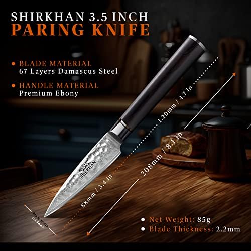 Ширхан Јапонски нож за паринг Дамаск 3,5 инчи - Ултра остар нож за овошје во кујната - 67 слоеви на висока јаглеродна рака зачукана