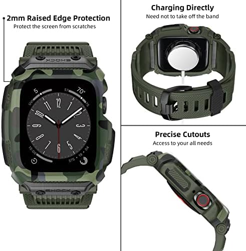 Ouheng Компатибилен со Apple Watch Band 45mm 44mm 42mm со случај, солиден спортски воен каиш со браник на армијата зелена и темно сива боја