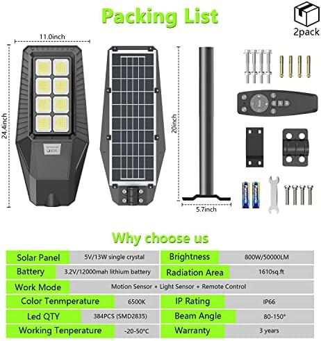 ТЕНКУ 2 Пакет 800w Соларна Улична Светлина, 384 Led Диоди 50000lm Самрак До Зори Надворешен Сензор За Движење На Паркинг Со Соларна Енергија Водоотпорен Ip66 Далечински Управ?