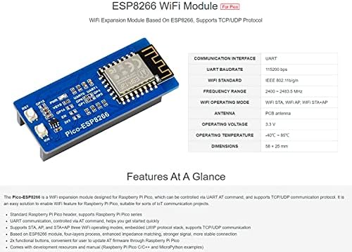 ESP8266 WiFi модул за Raspberry Pi Pico, WiFi Expansion Module контролиран преку UART во команда, поддршка TCP/UDP протокол, STA, AP