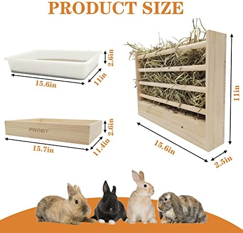 Pinvnby Bunny Hay Rack со пластична кутија за легло, држач за раб од трева, заморчиња дрвени фидер и сет на тоалети, практичен мебел за