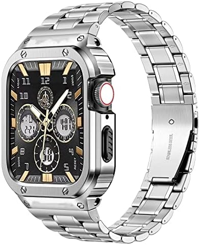Miohhr Не'рѓосувачки челик за часовници со куќиште компатибилен со Apple Watch Series 8/7, солиден каиш со метален заштитен обвивка за браник