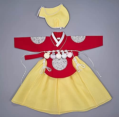 Бебе Девојка ханбок Корејски Прв Роденден Дол Партија 100 Дена Бајкил Прослава Облека Сет Жолта Црвена HJG02