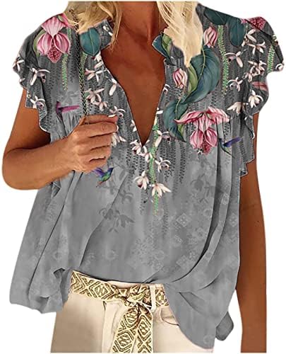Цветни резервоар за печатење на винова лоза за жени гроздобер летни летни ками кошули без ракави v вратот лабав бохо туничен блузи