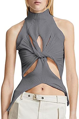 Women'sенски ребрестиот плетен резервоар врвови секси исечен пресврт на јазол предниот дел од џемперот џемпер без ракави, без ракави, улична облека