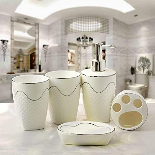 Lxdzxy Европски стил олеснување 5 парчиња мијалник за миење керамички додатоци за бања, држач за четкичка за заби, сапун за диспензерот сапун за плакнење чаша додатоци