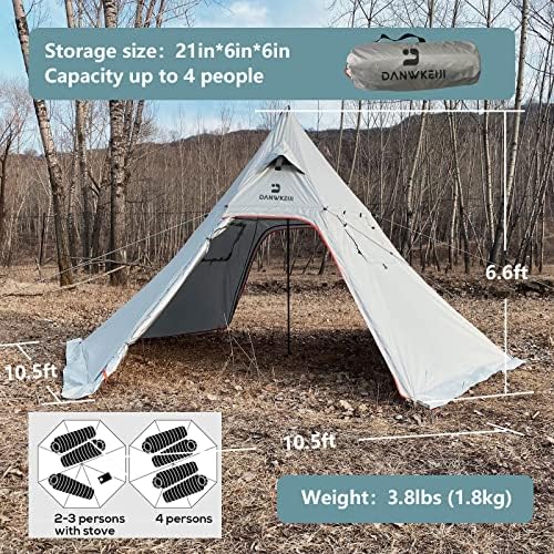 Danwkeiji лесен типи топол шатор со шпорет Jackек 4 лице 5lb Преносен пирамидан шатор 4 сезона Типи шатор за семејно кампување лов на риболов