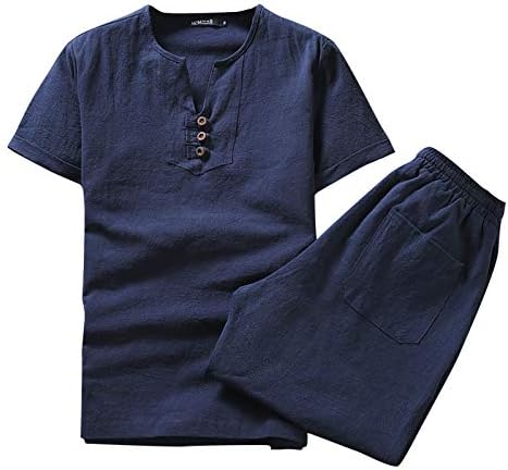 Sinzelimin Mens Casual Suit летна облека памучна постелнина цврста боја плус големина со кратки ракави маици врвови, панталони 2 парчиња сет