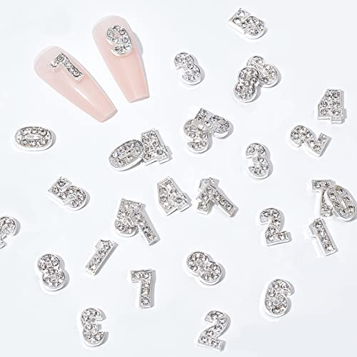 NICENEEDED 40PCS 3D сребрен број на нокти, арапски нумерички 0-9 нокти Rhinestones, Full Diamond Figures Nail Jewelry Nail Art Decorations
