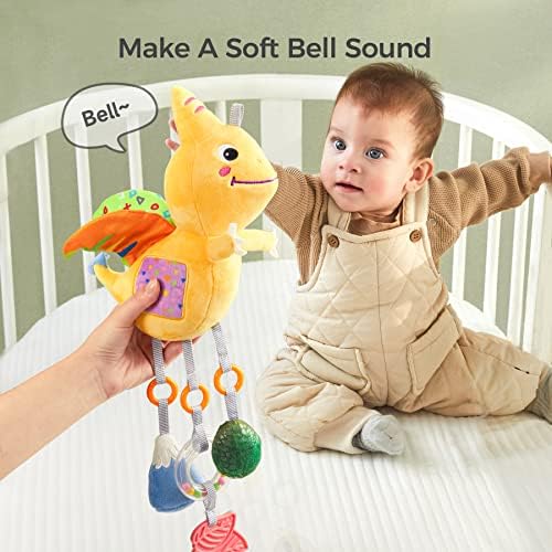 Тумама Бебе играчки за 3 6 9 12 месеци, 18 инчи диносаурус што висат штракаат играчки кадифен мек крцкави сензорни играчки, вграден bellвонче, шетач за седишта за автомоб?