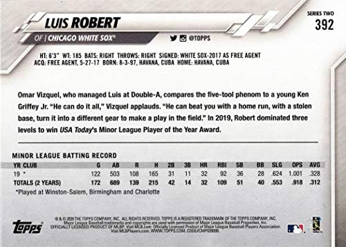 2020 година Бејзбол Топс #392 Луис Роберт Дебитантска картичка