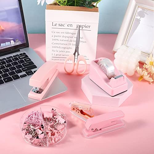 Комплет за додатоци за розови биро, розово канцелариски материјали розови степлер и лента за диспензери поставени со главен отстранувач