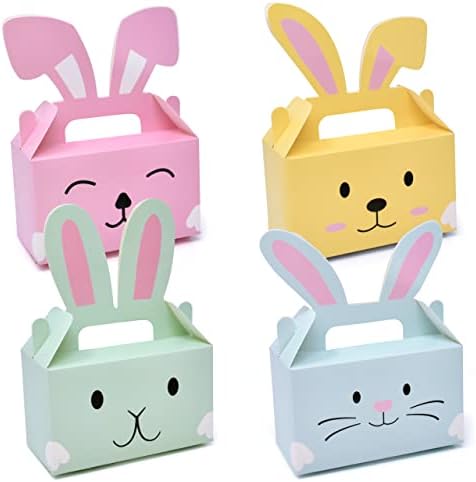 24 пакуваат кутии за велигденски третираат Bunny Bunny Cardboard Favors Coxes со рачка за зајаци за зајаци уши контејнери за корпи за бонбони