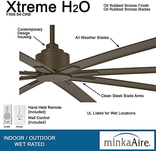 Minka-Aear F896-84-Orb Xtreme H2O 84 Надворешен вентилатор на таванот со далечински управувач, маслото трие бронза со дополнителен