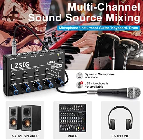 LZSIG Mini Audio Mixer, Stereo Line Mixer за под-мешање, ултра ниско-шум, 4-канал, независна контрола на микрофон, излез и влез TRS 1/4 & 1/8 TRS, за гитари, бас, тастатури или продолжување