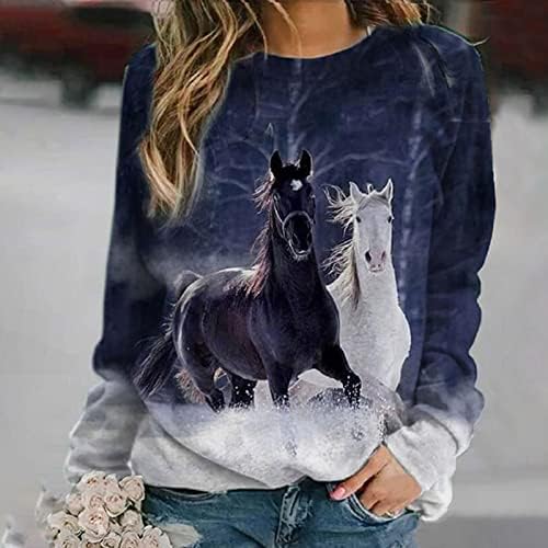 Модни маички кошули женски коњски графички обични долги ракави џемпери екипажот на екипажот симпатичен 3Д печатен пуловер опуштен туничен