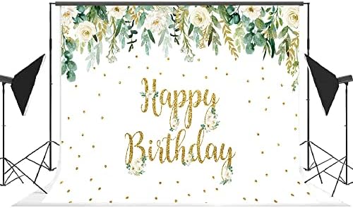 Зеленило на Лофарис Среќен роденден Девојки бела цветна роденденска позадина Возрасни жени роденденски забави украси торта табела банер 7x5ft