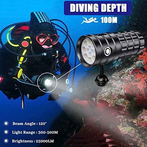 Нуркање светло за подводна фотографија, 25000lumens супер светла фенерче за нуркање, 100м водоотпорно подводно видео светло со полнење