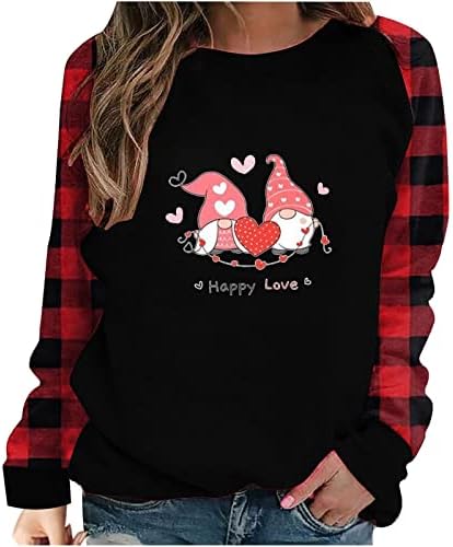 Оплксуо Ден на в Valentубените, џемпер за жени за жени го сакаат срцето Грахички печати пулвер во боја блок карирана долга ракав за лежерна блуза