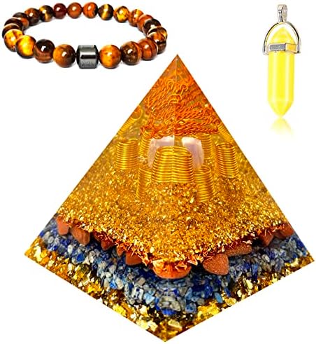 Soulnioi Orgone Crystal Pyramid со розов кристален суров камен генератор, нараквица за хематит на очите на тигар, 1 пар