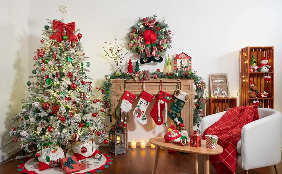 Валери Медлин Црвена Зелена Бела Божиќна Вредност Пакет 50ct Божиќна Топка Орнаменти + 30 инчен Божиќен Венец + 9 стапки Божиќна Венец