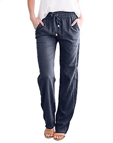 Јангкиги женски обични панталони директно цврсти еластични панталони со долги ленени ленени половини широки нозе јога панталони