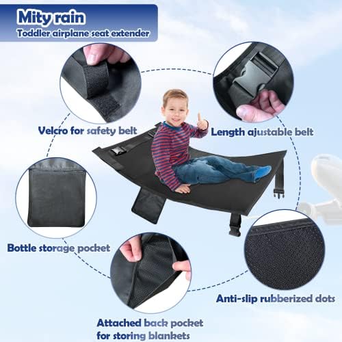 Mity Rain Airplane Seat Extender за деца, преносен патнички авион за подножје, кревет за бебиња со авиони со странични џебови, најважни патувања