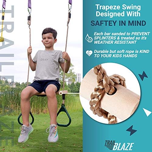 Пакет за вредности на Trailblaze- Нинџа воин пречки курс за деца и трапези за замавни ленти за замав, 2 ленти за закачување на токи ги поврзуваат прстените со нинџата slacklin