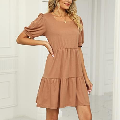 Краток фустан за завиткување за жени цврста боја квадратна јака краток ракав лабав зашиен фустан со плетен фустан плус