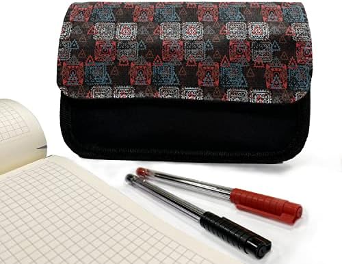 Необичен случај со молив со батик, цветен цвет цвет, торба со молив со ткаенини со двоен патент, 8,5 x 5,5, црно црвено