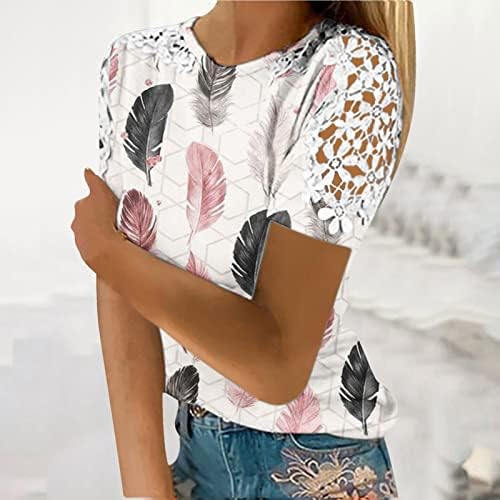 Летни Врвови За Жени 2023 Мода Печатена Маица Чипка Кратки Ракави Блуза Кружен Врат Обични Врвови