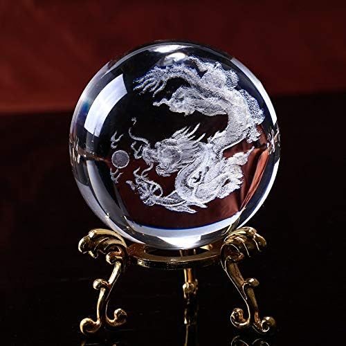 Замтац 80мм 3Д ласерска врежана стаклена топка со змеј сфера Фенг Шуи Декоративен кристален глобус занаетчиски додатоци за украсување
