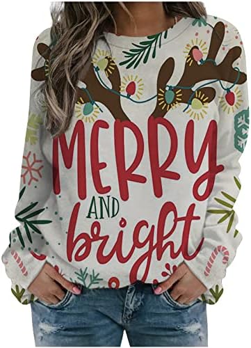 Божиќни маички женски, весели и светли Божиќни врвови, симпатична кошула за пулвер, екипаж на екипажот на долги ракави за одмор