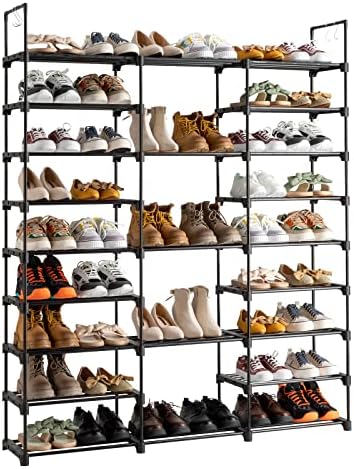 Организатор за складирање на решетки за чевли од 9 нивоа, организатор на полица за чевли за влез, држи чевли од 50-55 пара со прилагодливи странични куки, решетката за ?