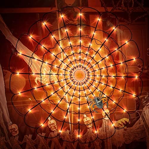 Декорации за Ноќта на вештерките Спајдер веб -светла, 140 портокалови LED 8 режими Батерија управувана водоотпорни нето -светла со црн пајак,