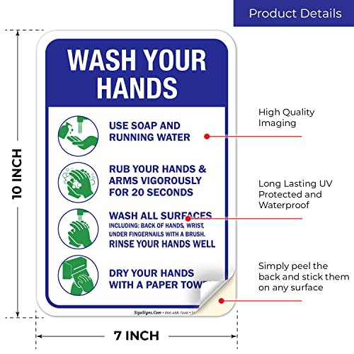 Знак за налепница за миење раце, 10x7 инчи, знак за инструкции за миење раце, 4 мил винил, налепници за само лепило, заштитени