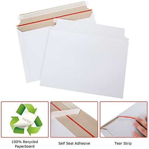 100 пакувања 12,75 x 9 Цврсти поштари за хартија Останете рамен фото-документ Цврсти поштари за само-заптивки од картони со картони со бели