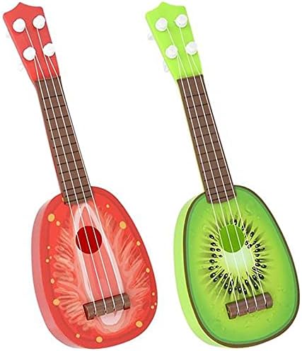 Уметнички овошни овошни укулели за деца, сет од 2, овошни мини пластични гитари во разнобојни овошни дизајни, музички инструменти
