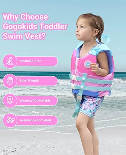 Gogokids Toddler Swim Vest, деца плови за момчиња девојчиња 20-30-40-50-60-70-70 фунти, плови јакна со прилагодлива безбедносна лента, облека за пливање во базен за деца, на возраст од 1-9