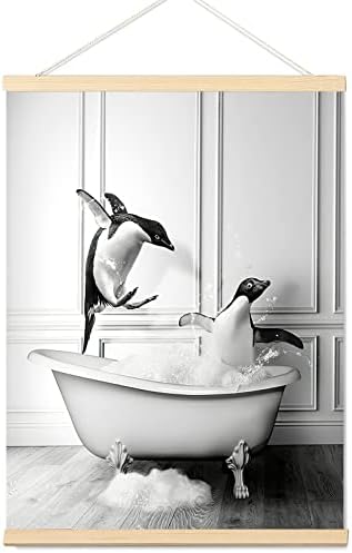 АРМИНДУ Смешна црно-бела wallидна уметност декор за бања, пингвин wallидна уметност отпечатоци виси постер, животински слики wallидни декор, симпатична хумор за бања, wall?