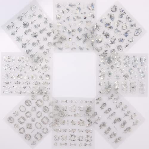 30 листови сребрени нокти налепници за уметност Декларации 3Д само-лепете цветно снабдување со нокти за акрилни нокти ласерска линија чипка лисја на налепници за но
