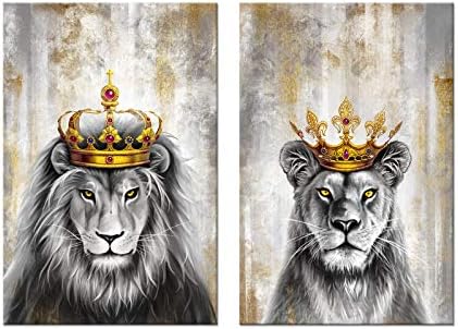 Zlove 2 парчиња животни кралски wallидни уметности лавови и лавови со круна сива и златна романтична двојка уметнички дела за спална соба модерна