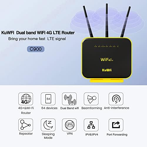 Ruter KUWFI 4G со отклучен слот за SIM картички, 1200Mbps LTE рутер со двојна лента Gigabit Cellular Router со надворешна антена, EC25-AF