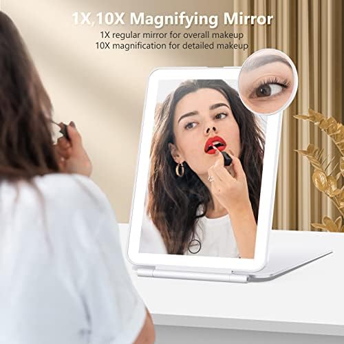 Огледало за шминка за патување СО Огледало ЗА Зголемување ОД 10X, Огледало За Суета со 80 leds, Осветлување Во 3 Бои, Батерии