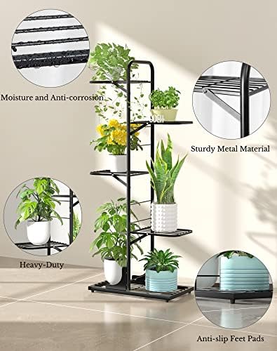 Sueh Дизајн Метални растенија штанд за затворен простор, 5 ниво 6 саксија од агол, држач за растенија, метални садови за цвеќиња во затворен држач за решетки, големи ра?