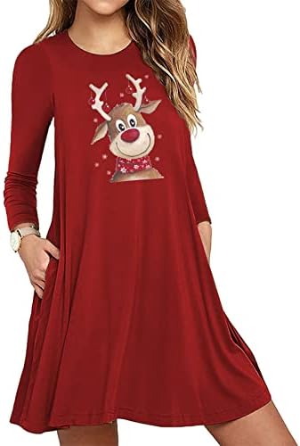 Пимоксв обични Божиќни фустани за жени лабави се вклопуваат плус големина линија со долга ракав екипаж маица фустан за одмор