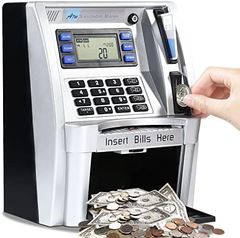 Надградена банка за заштеда на банкомат, машина за свинги банка за вистински пари со картичка, фидер за сметки, читач на монети, калкулатор за биланс на безбедна кут