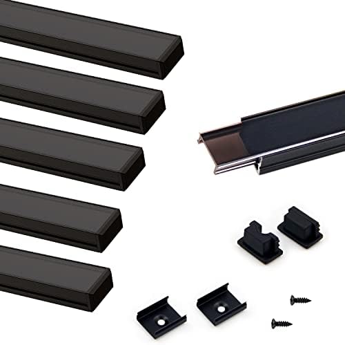 VST 6PACK 1FT Black LED алуминиумски канал со црна пушачка транспарентна покривка U форма 15x8mm, LED лента за светло со крајни капачиња
