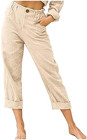 Ceangrtro Crop широко нозе Capенски Каприс и исечени панталони Обични постелнини цврсти еластични половини со висока половината лабава со џебови